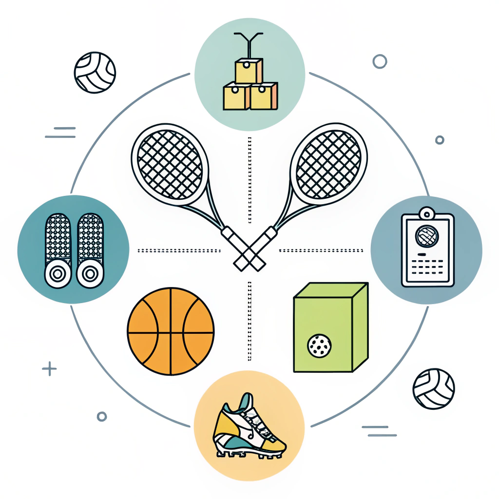 A minimal 2D illustration of an integrated ecosystem of padel rackets and balls in a clean design.