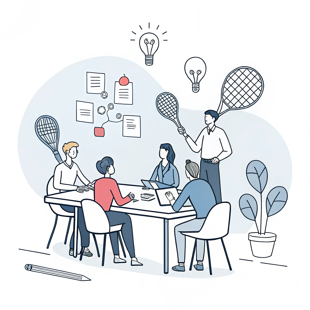 Minimal 2D illustration of a team meeting discussing padel prototypes and strategy