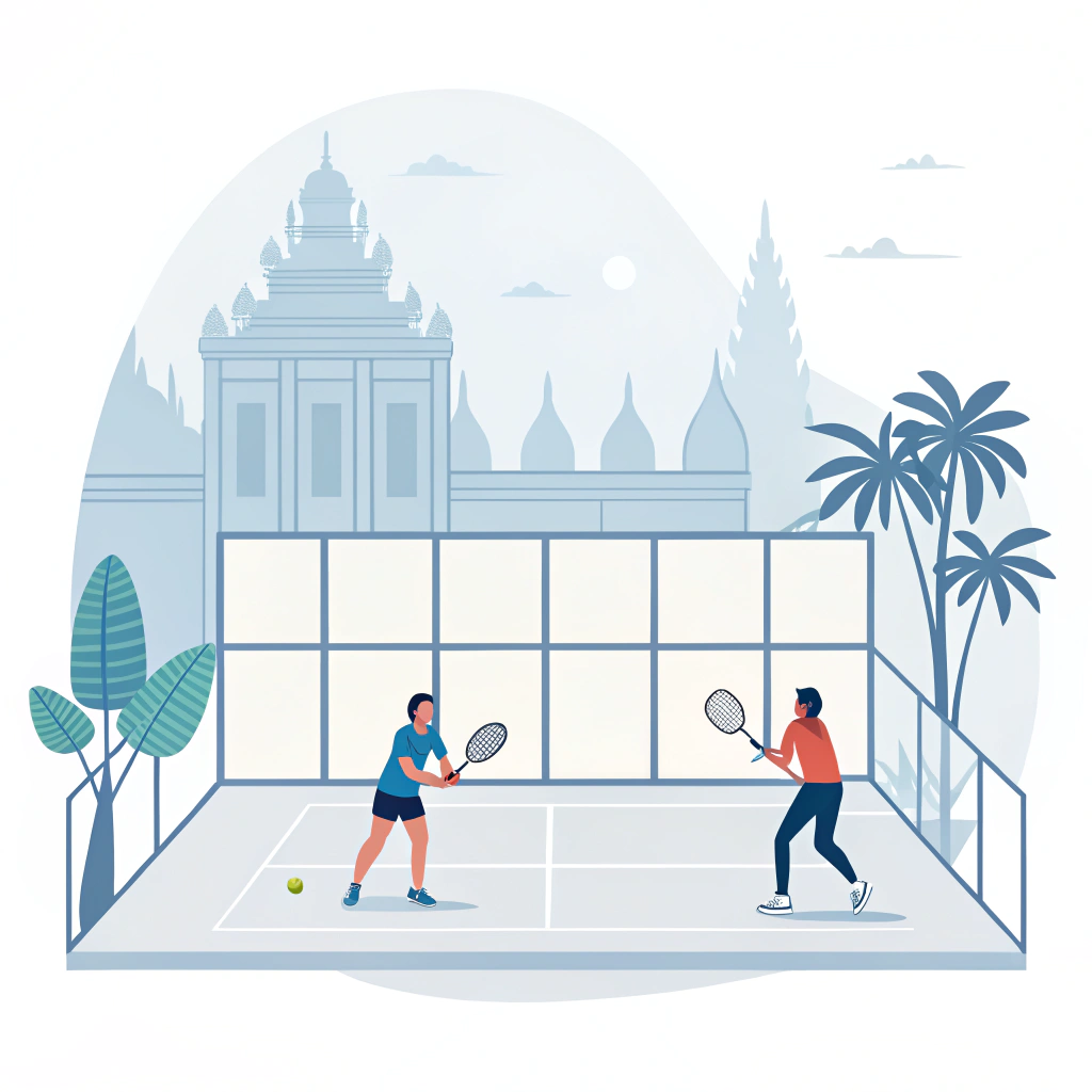 Minimalist 2D illustration of a padel court in a modern Cambodian sports complex.
