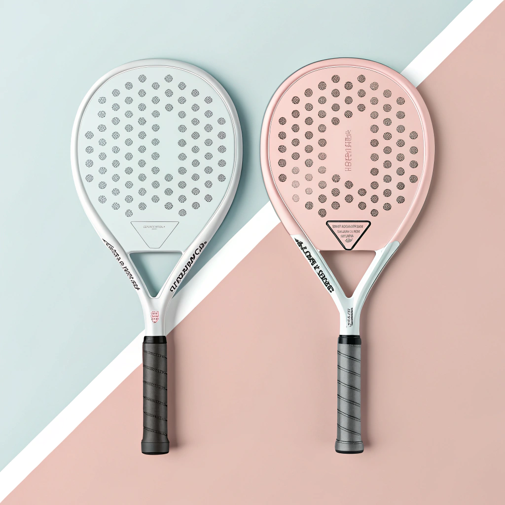 Minimal split illustration comparing fibreglass and carbon fibre padel rackets.