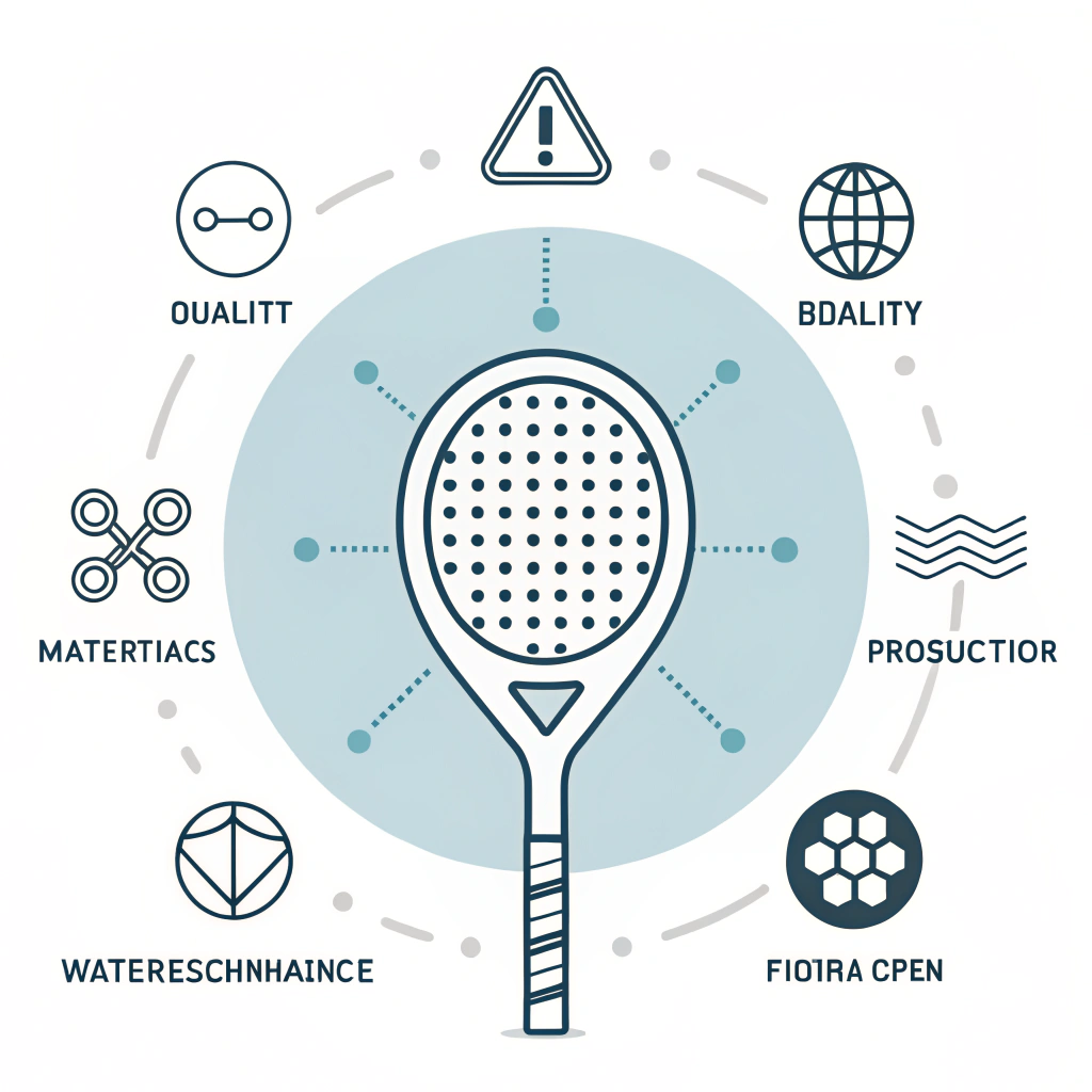 Two-dimensional minimal illustration displaying a padel racket with abstract symbols of durability, quality materials, and production techniques.