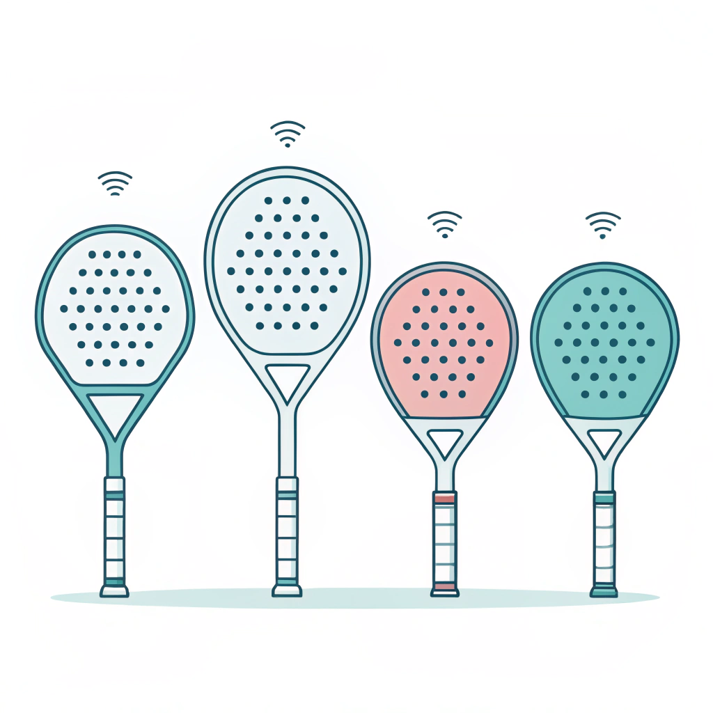 Minimal digital illustration of diverse padel rackets in modern design aesthetic