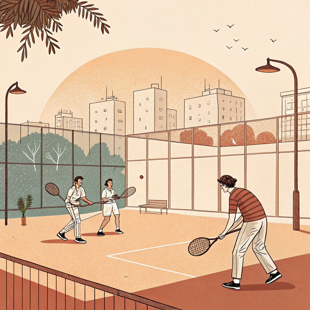 Minimalist illustration of early padel in Spain with simple urban court and social players