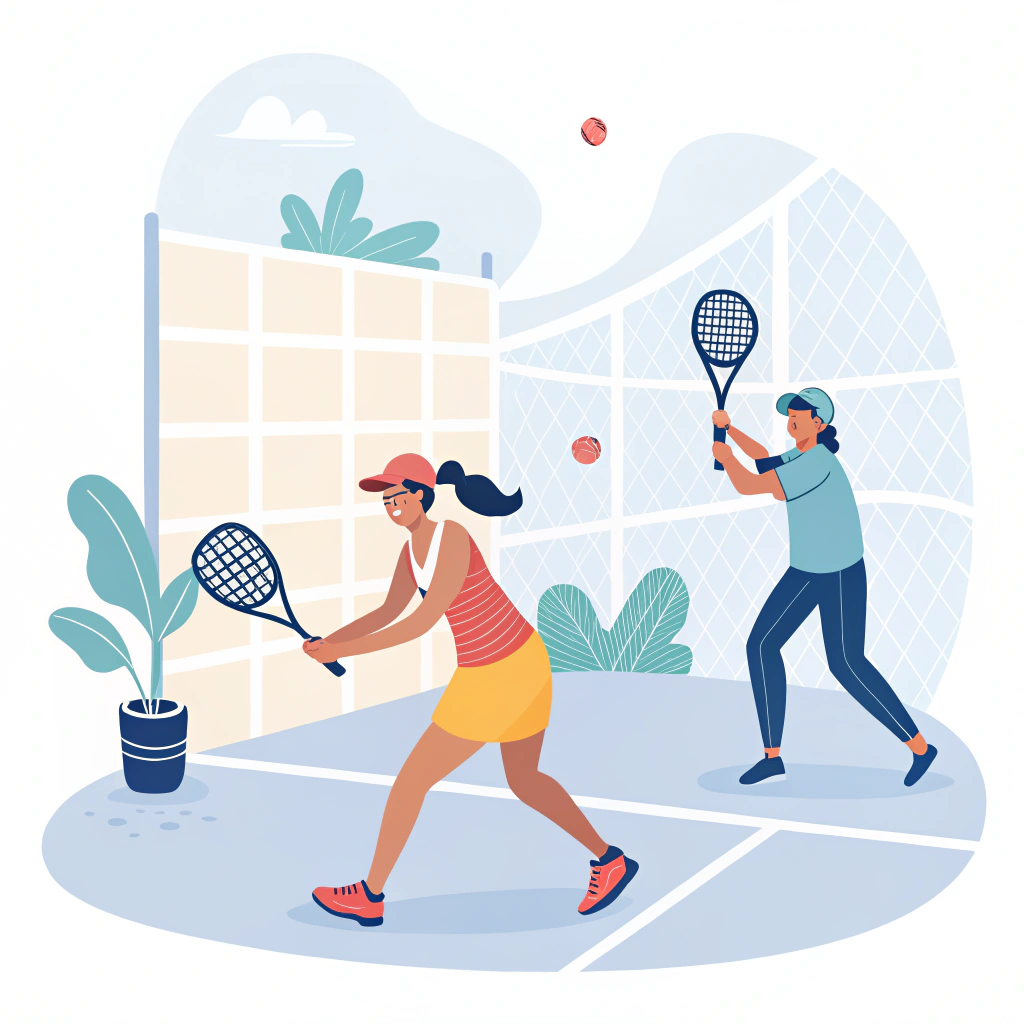 Minimal illustration of padel players using custom rackets in a dynamic club setting