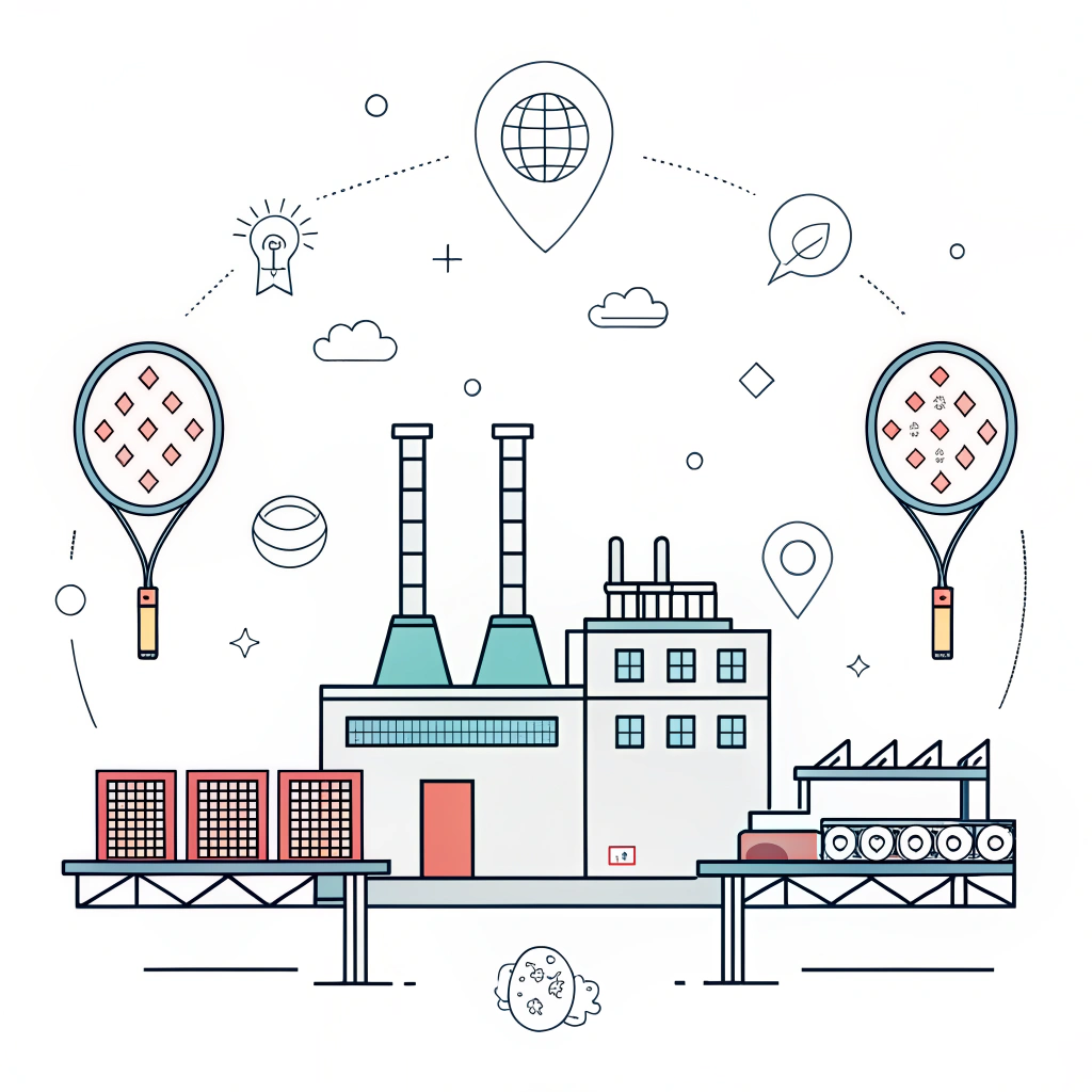 Minimalist flat design depicting modern padel racket manufacturing process.