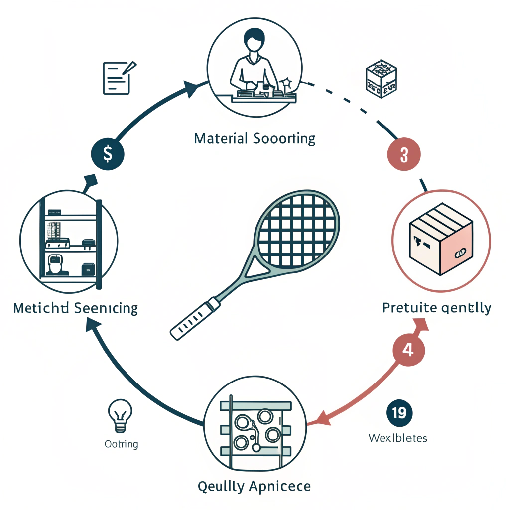 2D flat illustration showing sequential padel racket manufacturing steps