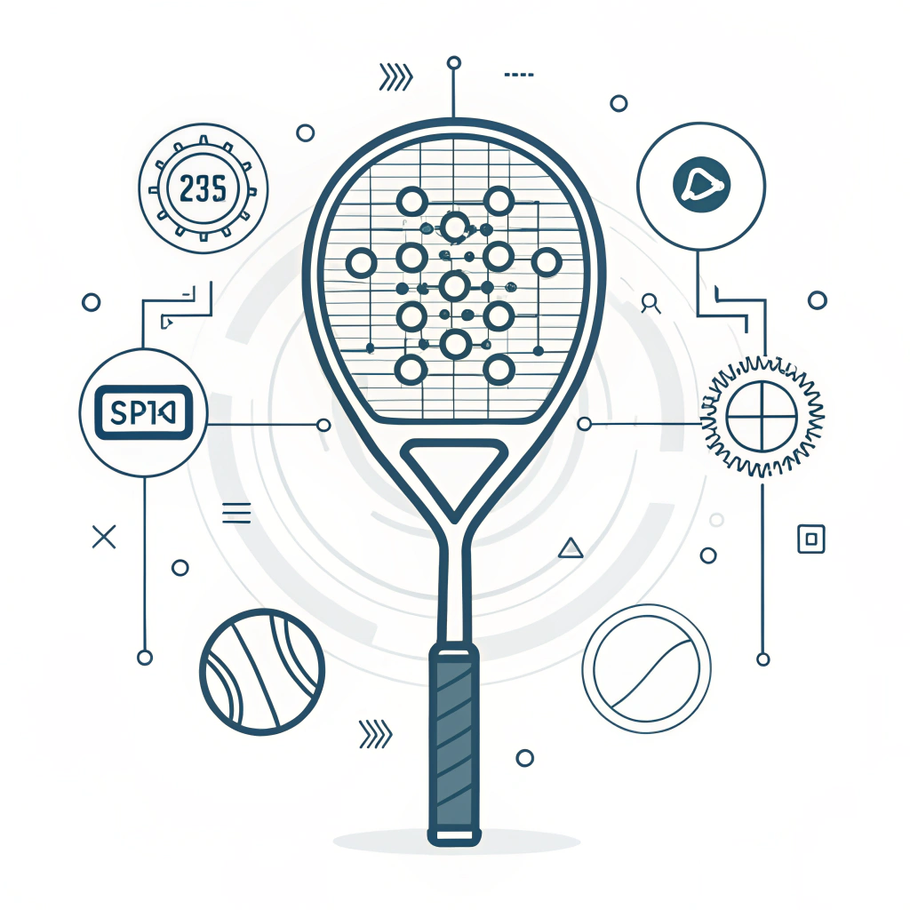 "Minimalist 2d illustration depicting futuristic padel equipment trends and technology enhancements."