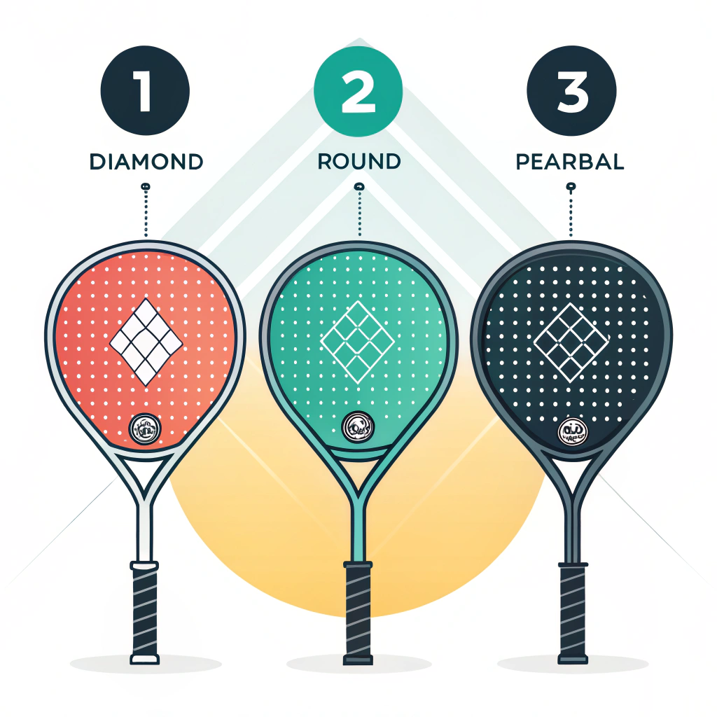 Minimal illustration of futuristic, custom-designed padel rackets with sleek shapes and carbon fiber details.