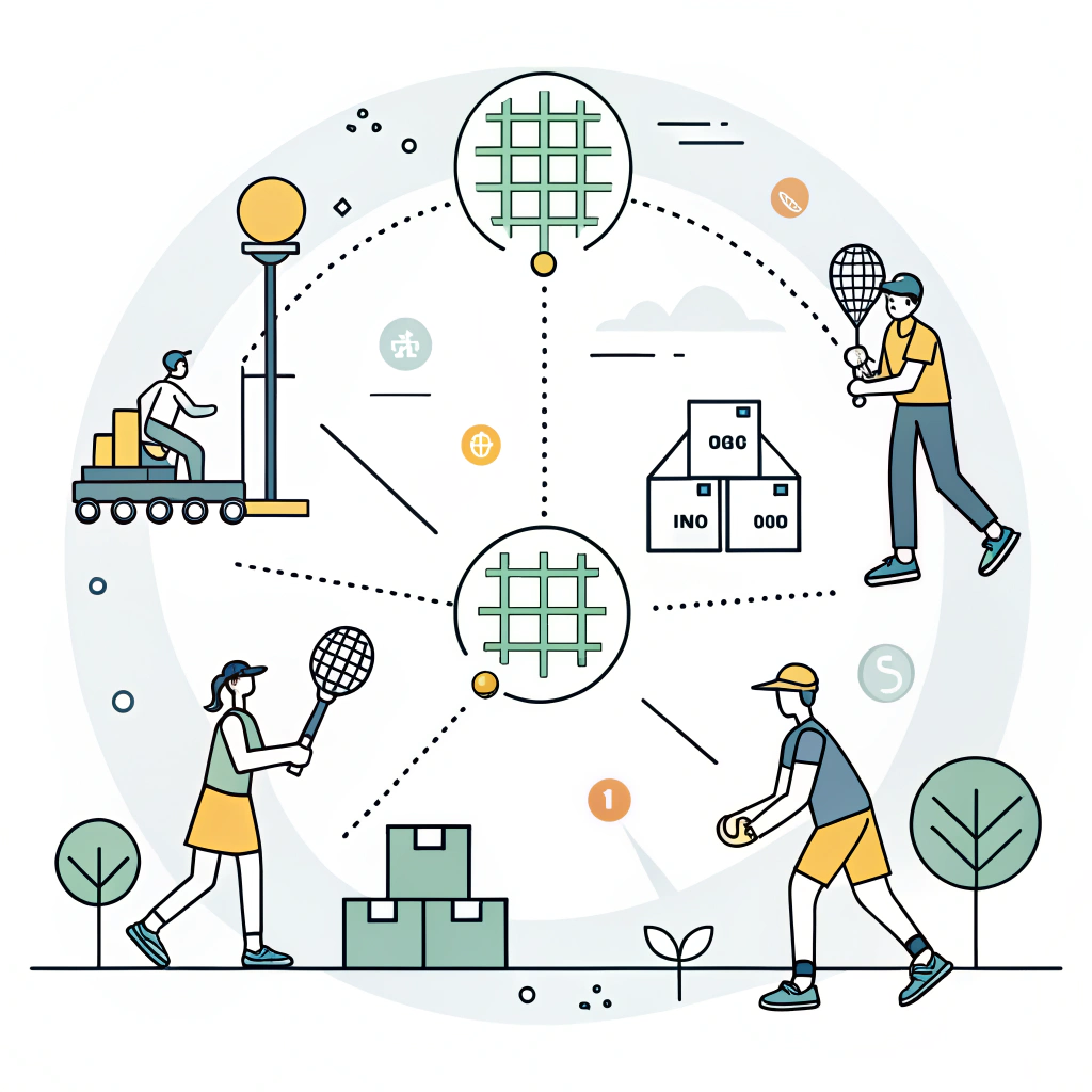 Minimalist two-dimensional illustration showcasing abstract padel organisation challenges and dynamic supply chain relationships in flat design.