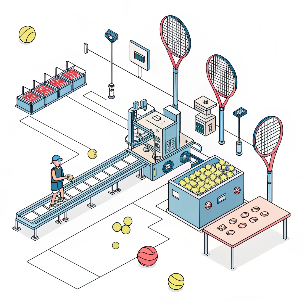 A minimal 2D illustration of a modern padel production process with sleek machinery and assembled rackets.