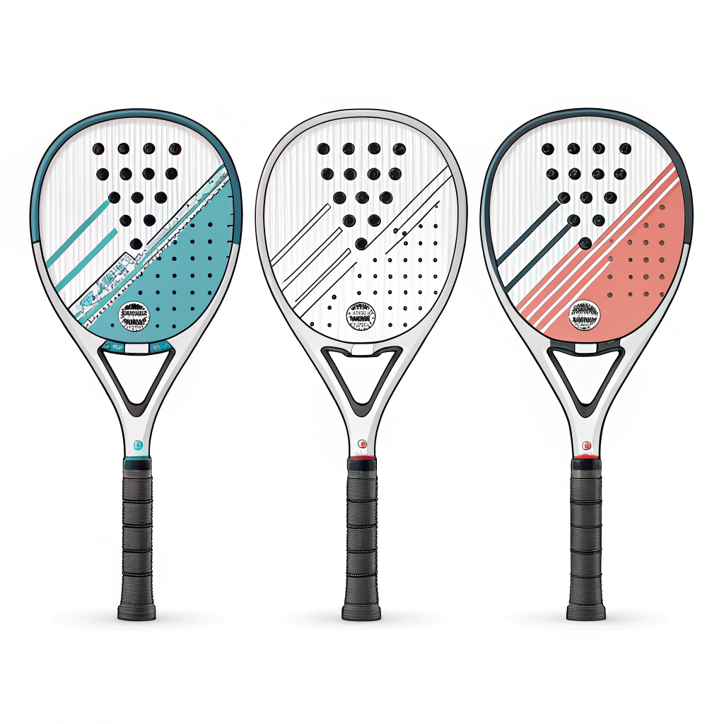 Minimal 2D illustration of padel rackets with unique customizable design patterns in vibrant colors.