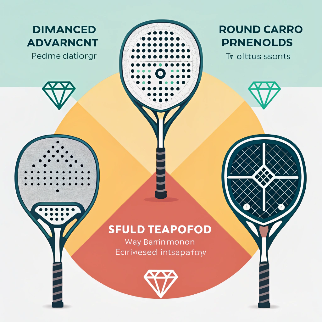 Minimal flat 2D illustration featuring customizable advanced padel rackets with technical details.