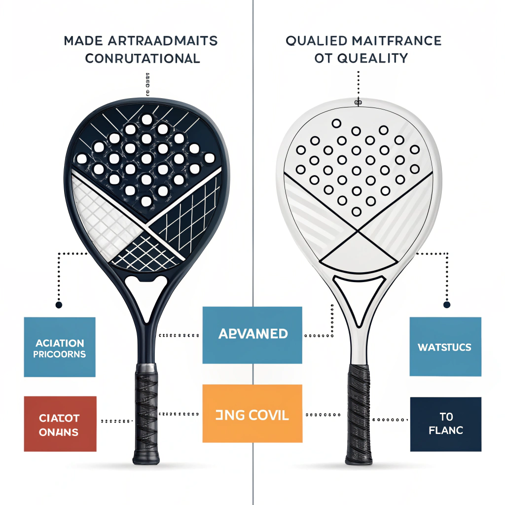 A minimalist side-by-side comparison of advanced versus basic padel racket design in flat vector style