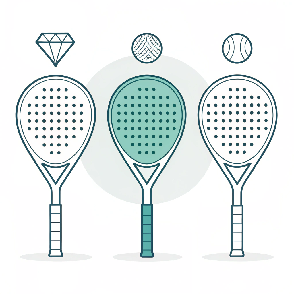 Minimal illustration of diamond, round and teardrop padel racket shapes