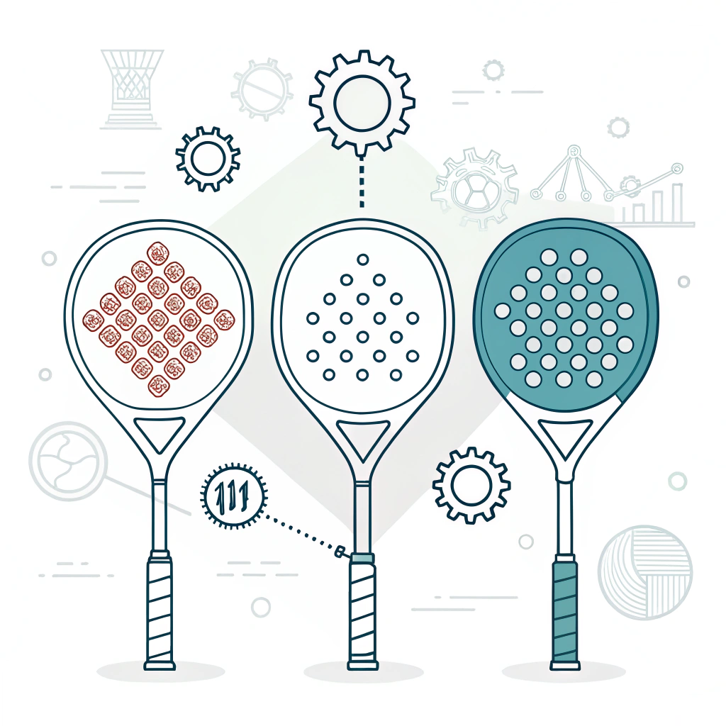 Minimalist 2D illustration of custom padel rackets with abstract production elements.