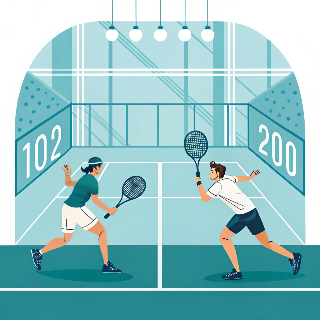 Minimalist 2D illustration of padel tennis action in a modern fitness center