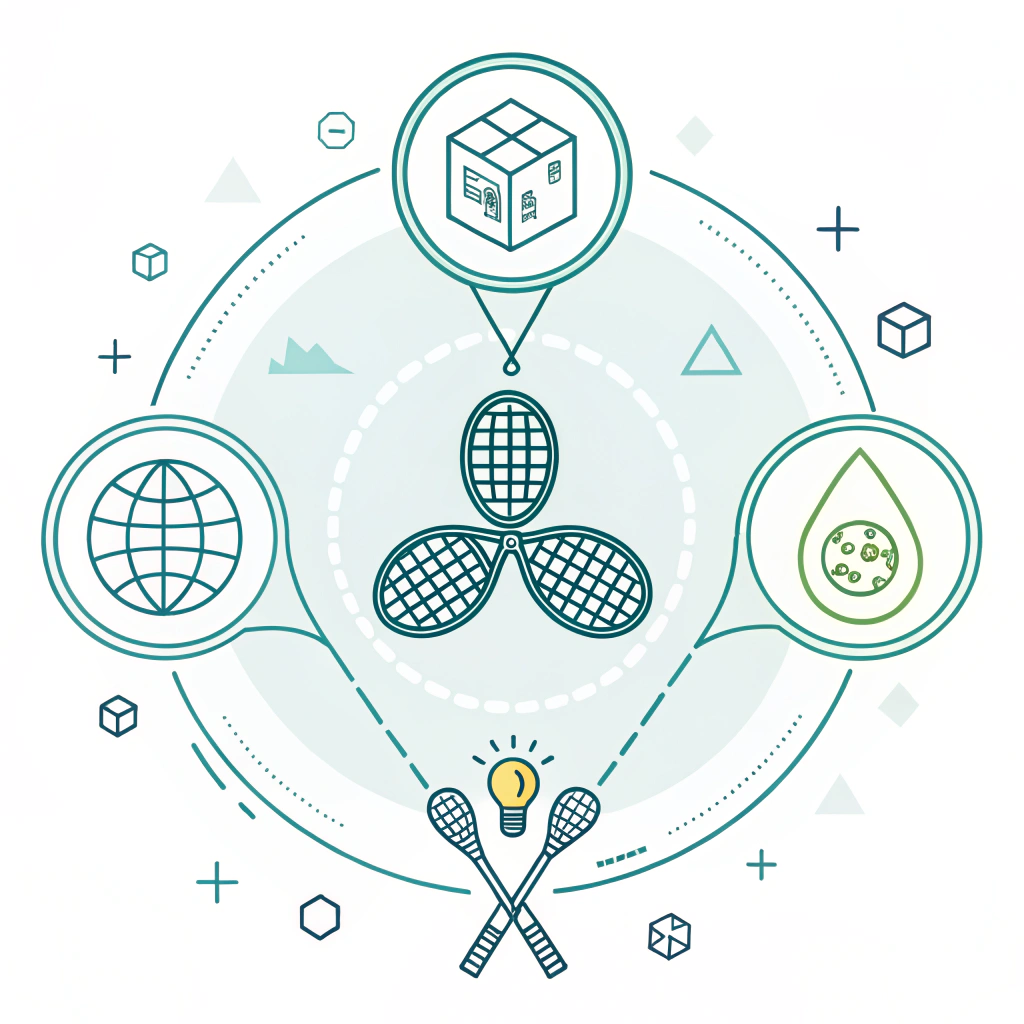 Minimalist 2D illustration with abstract padel rackets and tech icons symbolizing innovation and efficiency.
