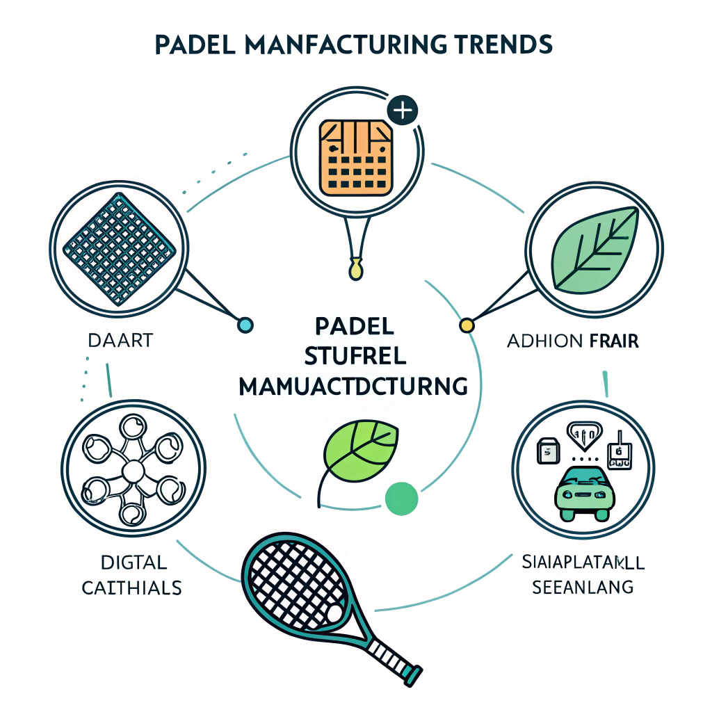 Minimal 2D illustration showing futuristic padel technology and sustainable innovation.