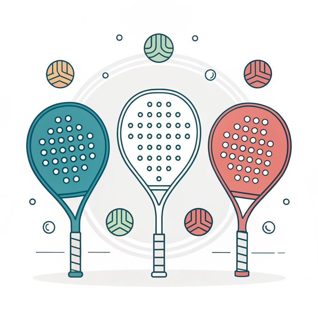 Minimalist depiction of customizable padel rackets and accessory options.
