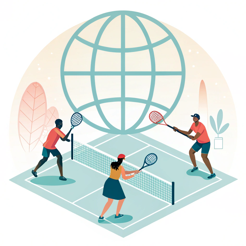 Minimal digital illustration of diverse padel players with a glowing global theme.