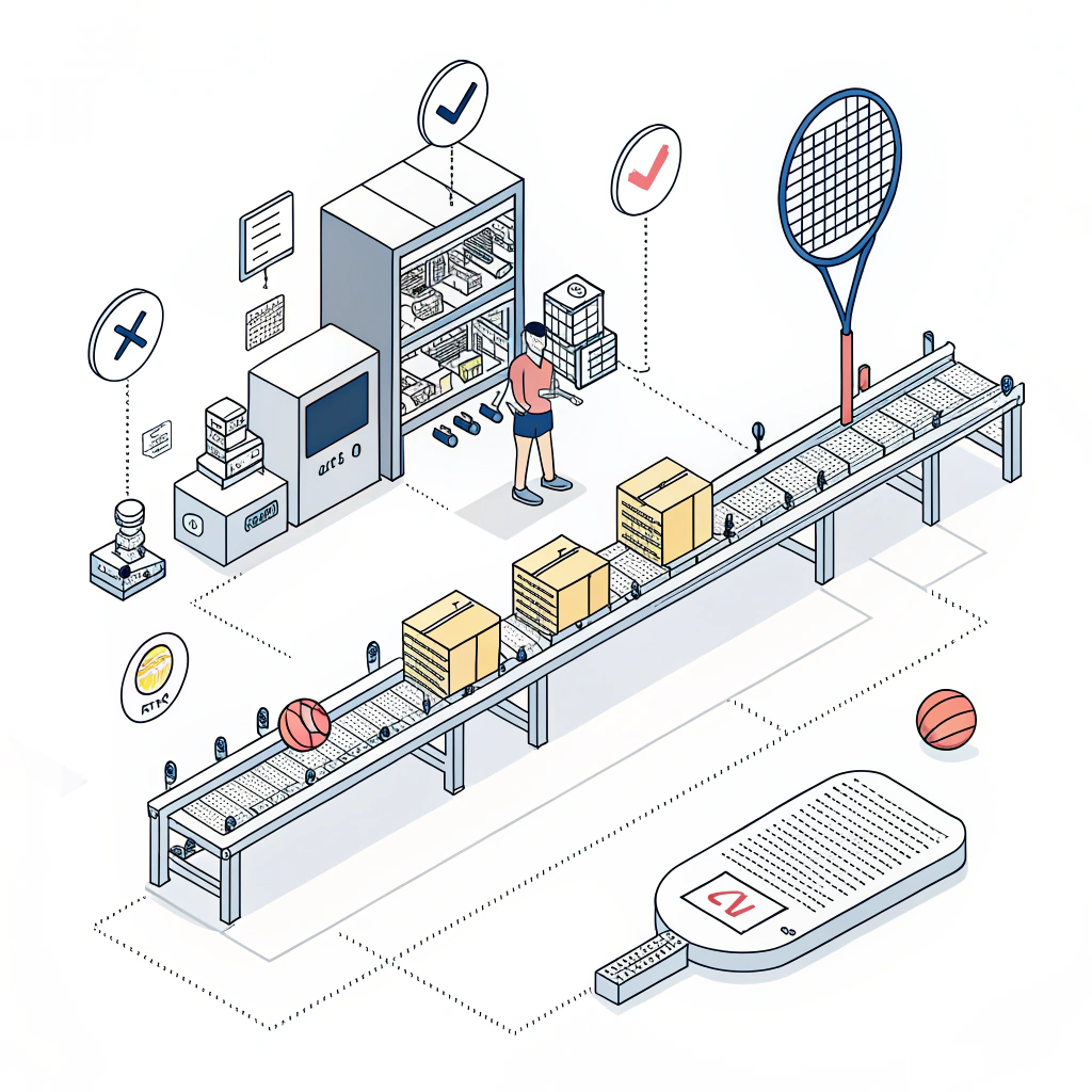 A minimalist illustration of an abstract production process for padel rackets featuring elements of quality control and customization.