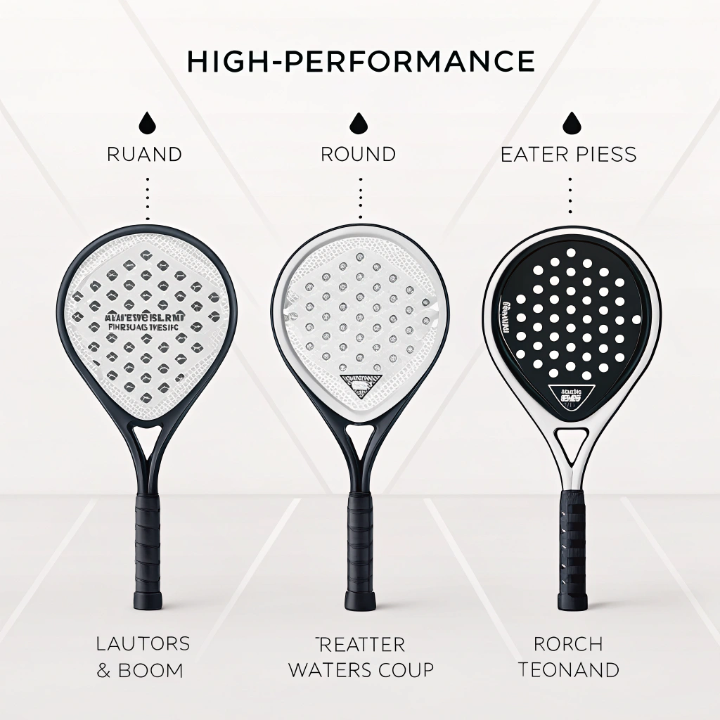 Minimal flat illustration of three advanced padel racket designs