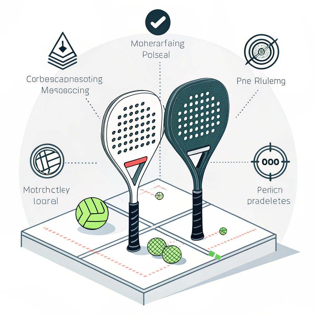Minimalist illustration of padel equipment manufacturing with customization and advanced materials.