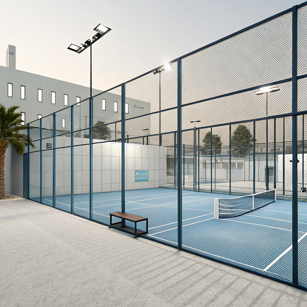 Minimalist depiction of a modern padel court in a sports complex setting