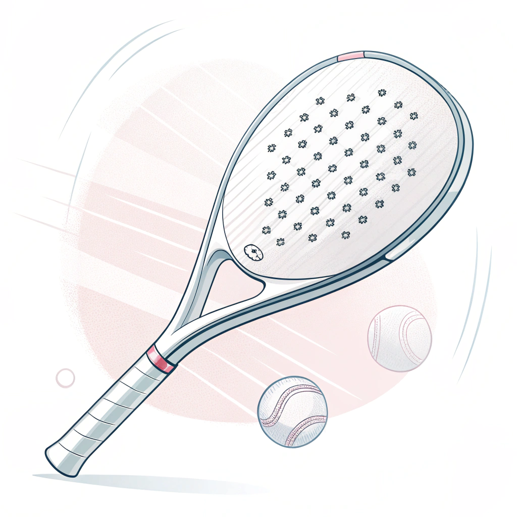 "A minimal 2D illustration of a padel racket with clean lines and subtle tech accents, highlighting quality and customization"