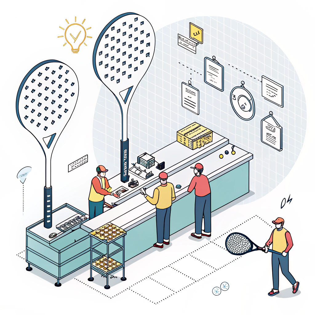 Minimal 2D illustration of padel racket manufacturing with technical blueprint elements.