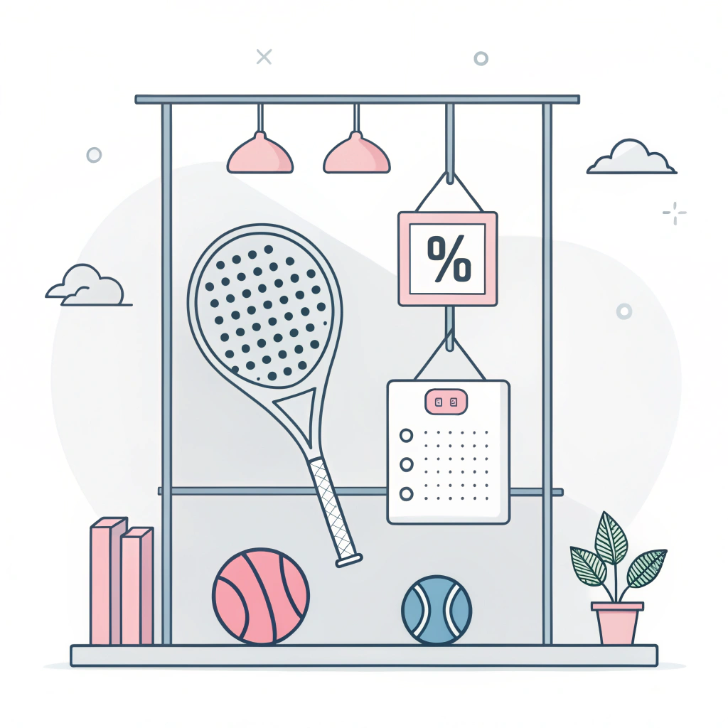 Minimalistic 2D illustration of padel equipment with a sale vibe and streamlined design.
