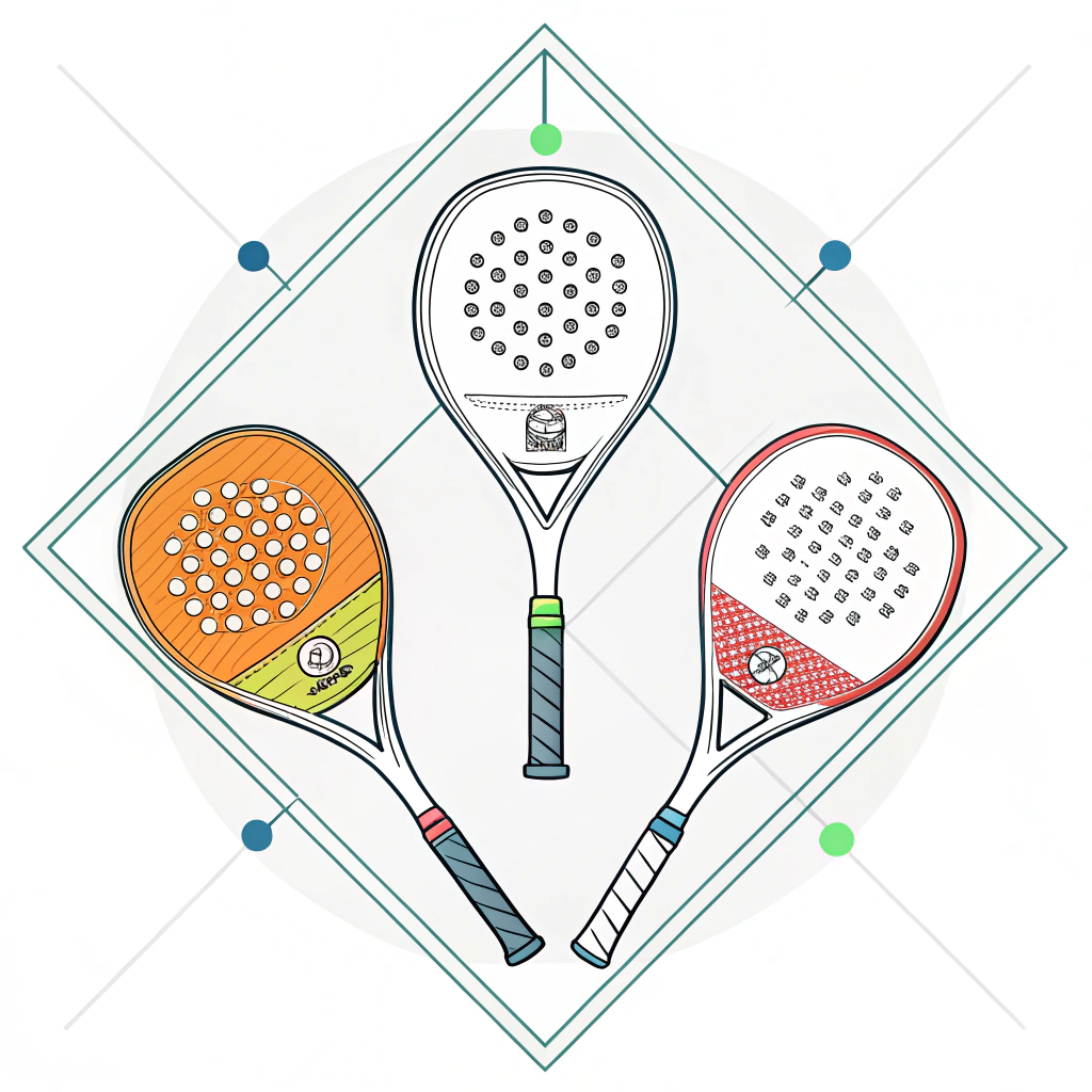 Minimalistic 2D illustration of customizable padel rackets in varied shapes and vibrant colors.