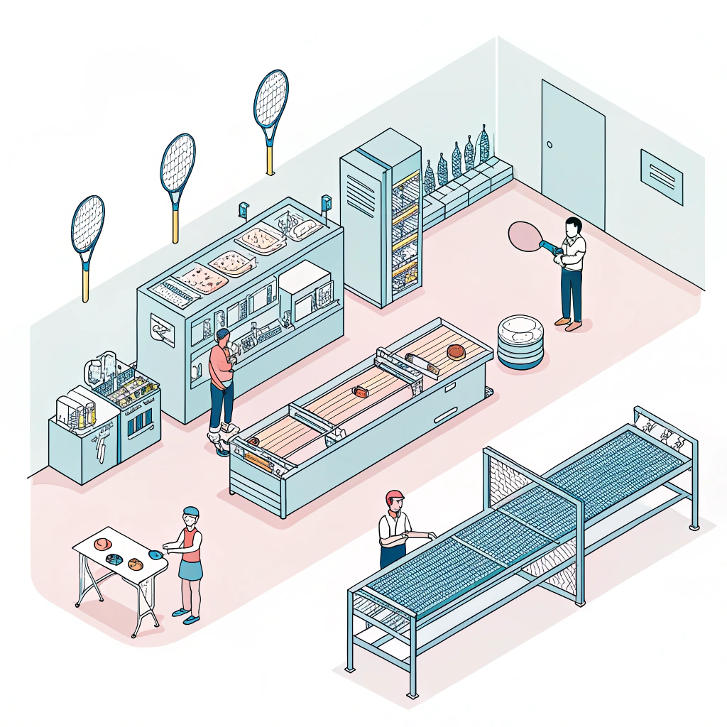 Minimalist illustration of a production floor with padel racket manufacturing elements.