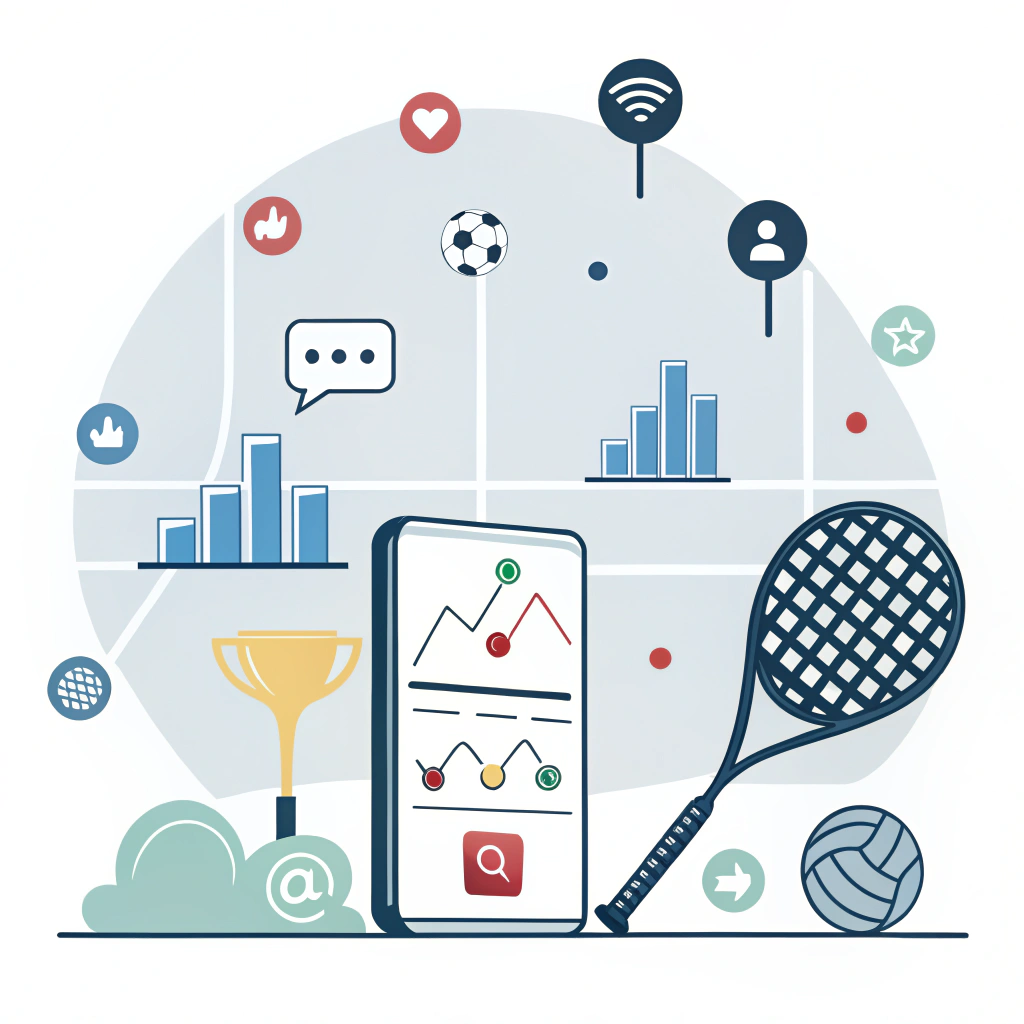 Minimal flat illustration showing digital marketing, social media, and padel equipment in abstract style