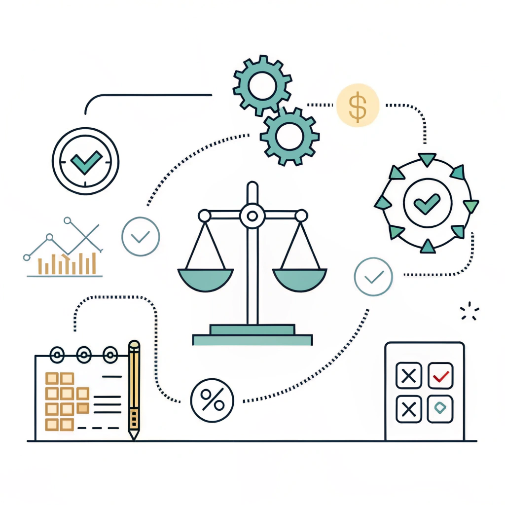 Abstract minimalist flow of icons representing strategic production decision-making.