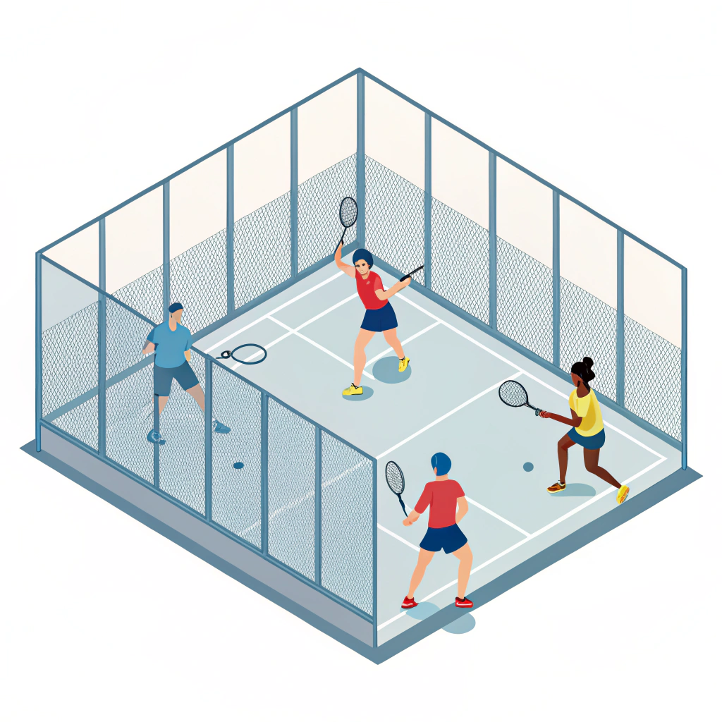 Minimal 2D padel game on an enclosed court with diverse players