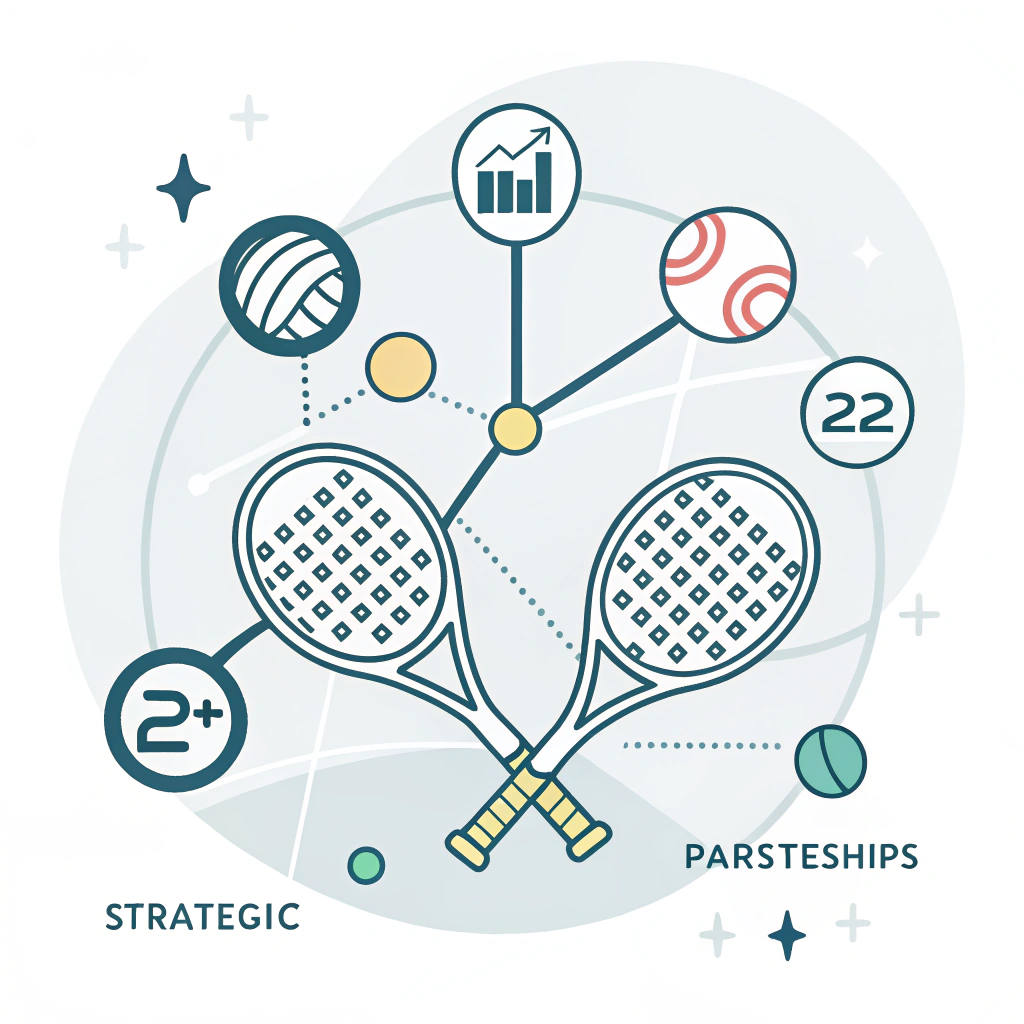 Minimalist 2D illustration of padel equipment with abstract network icons representing successful strategic partnerships.