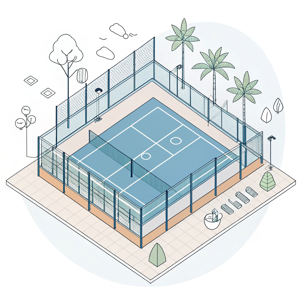 Minimalist digital illustration of a modern padel court blueprint design