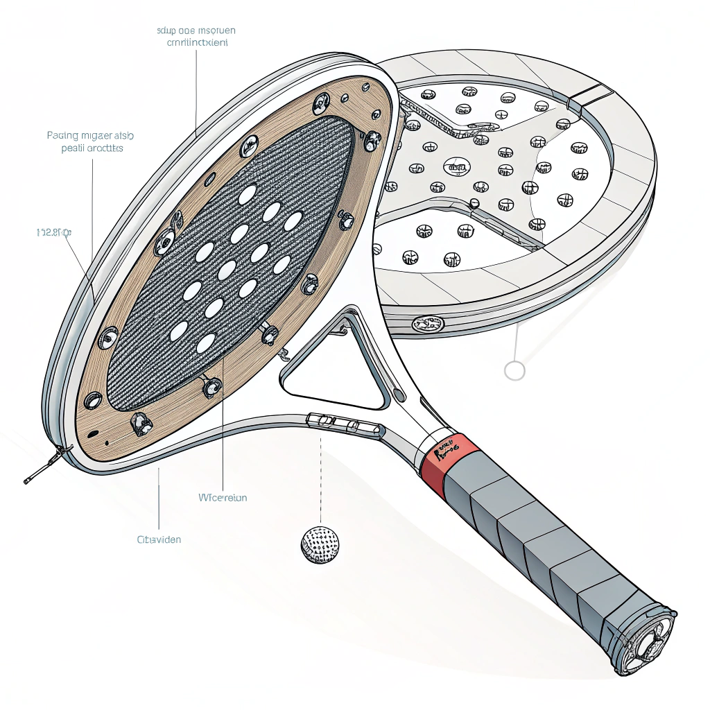 Minimal flat illustration showing an exploded view of a precision engineered control padel racket