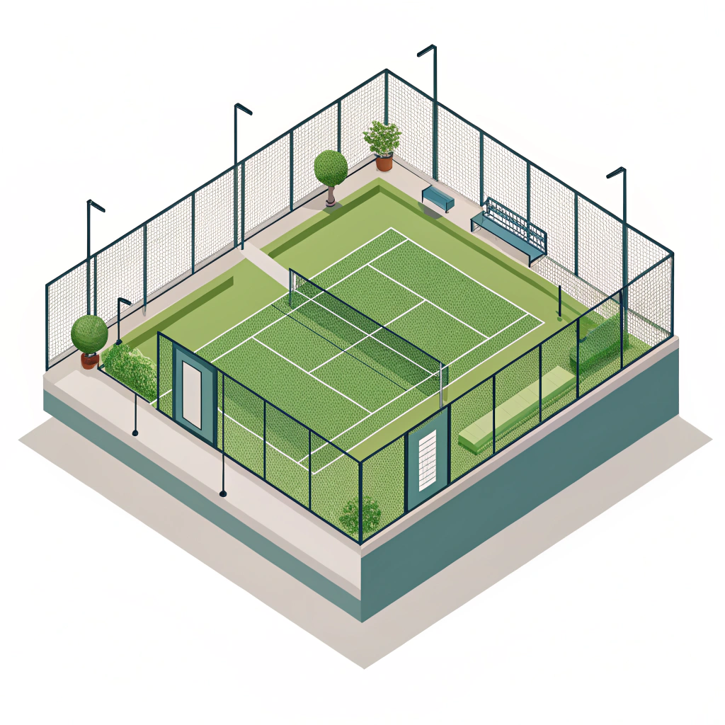Minimalist 2D illustration showcasing a modern padel court with artificial turf.