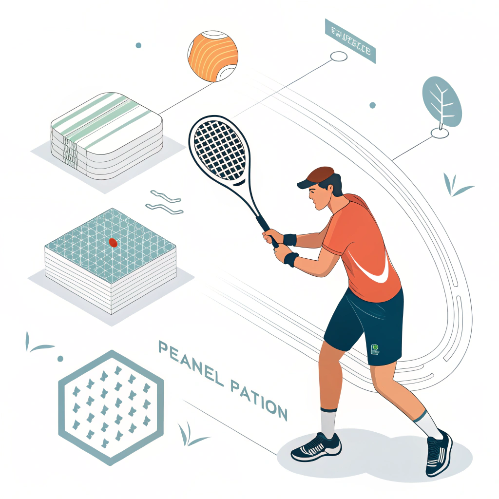 Minimal 2D illustration of advanced production techniques for padel equipment with abstract shapes.