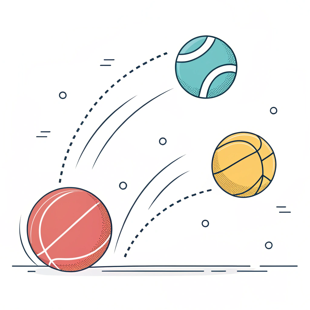 Minimal 2D illustration of sports balls displaying controlled and energetic bounce dynamics.