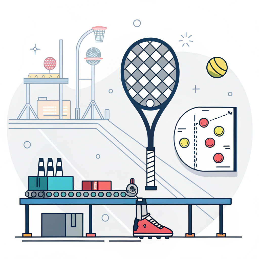 Flat minimal illustration showing customizable padel racket manufacturing and quality control.