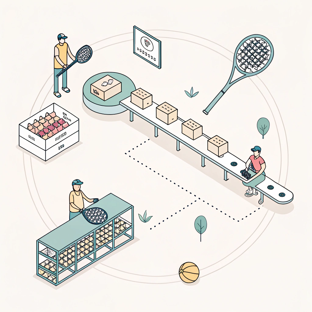 "A minimal 2D illustration of a streamlined production process for padel rackets with abstract prototype elements"