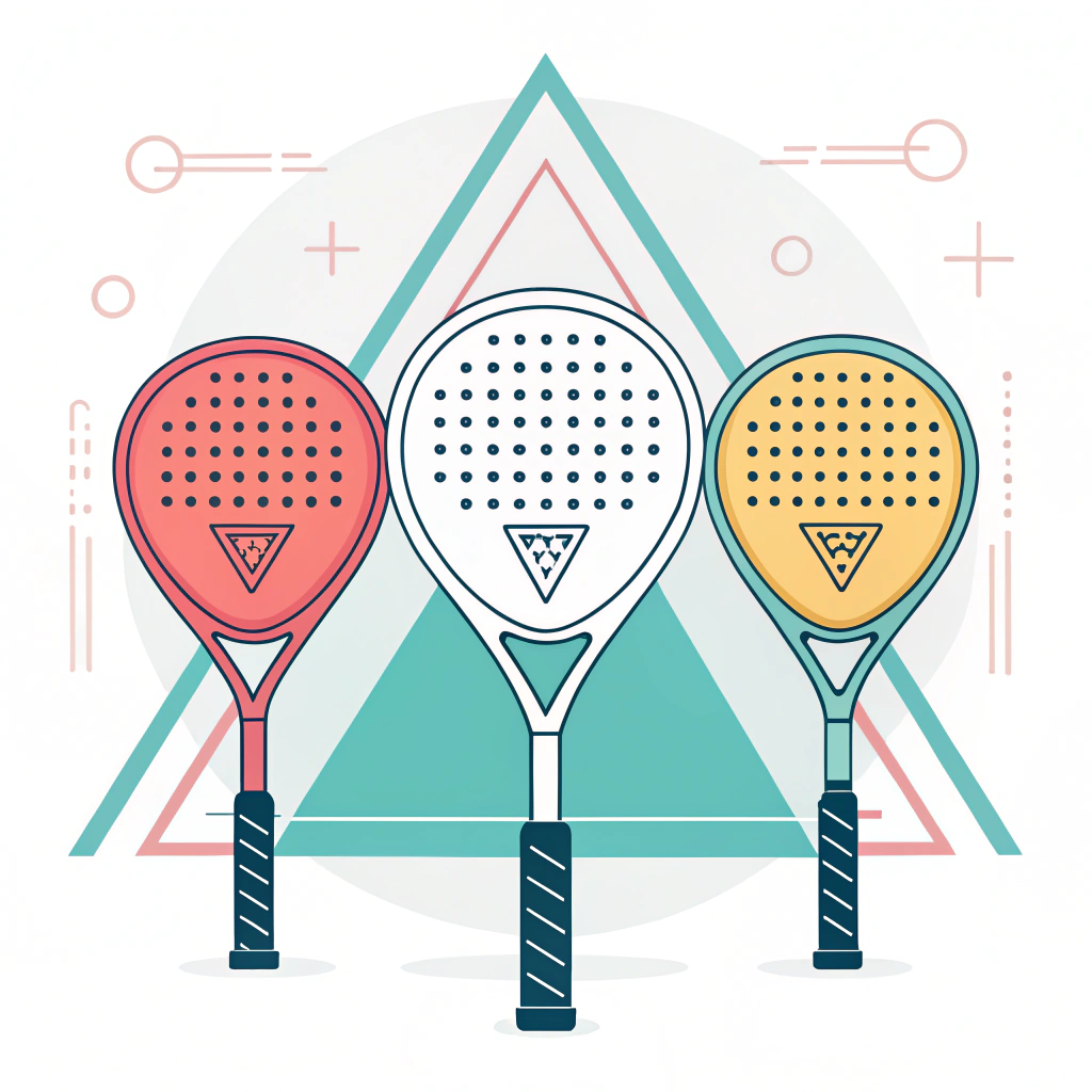 Minimalist illustration of three padel racket shapes with an abstract, technical background.