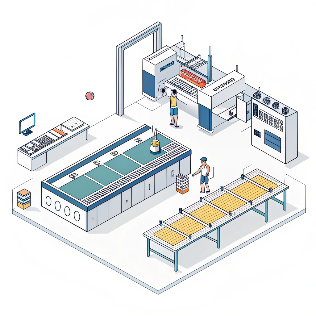 Minimalist depiction of an automated padel racket manufacturing facility with custom printing
