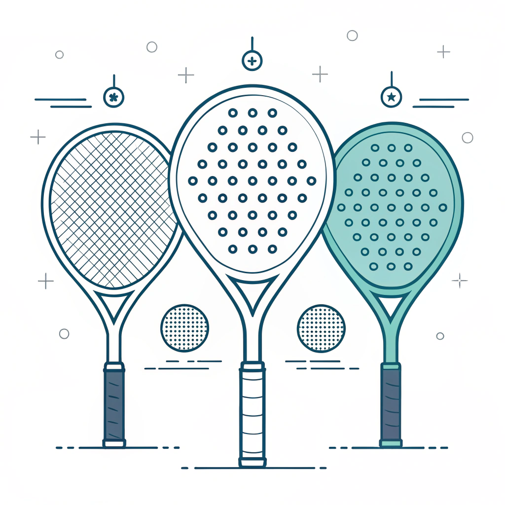 Minimalist illustration of three padel rackets with varied shapes and clean design
