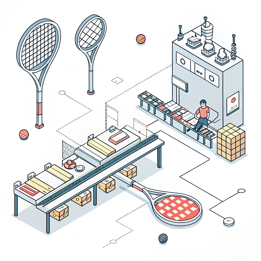 Minimalistic illustration of a padel racket production line and customization process in modern vector style