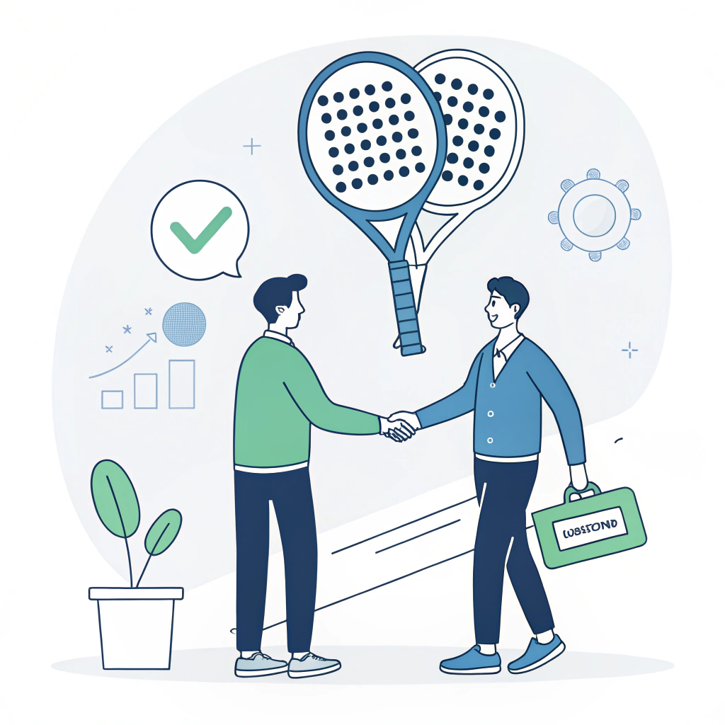 Minimalist 2D illustration of a handshake and padel racket indicating a successful partnership