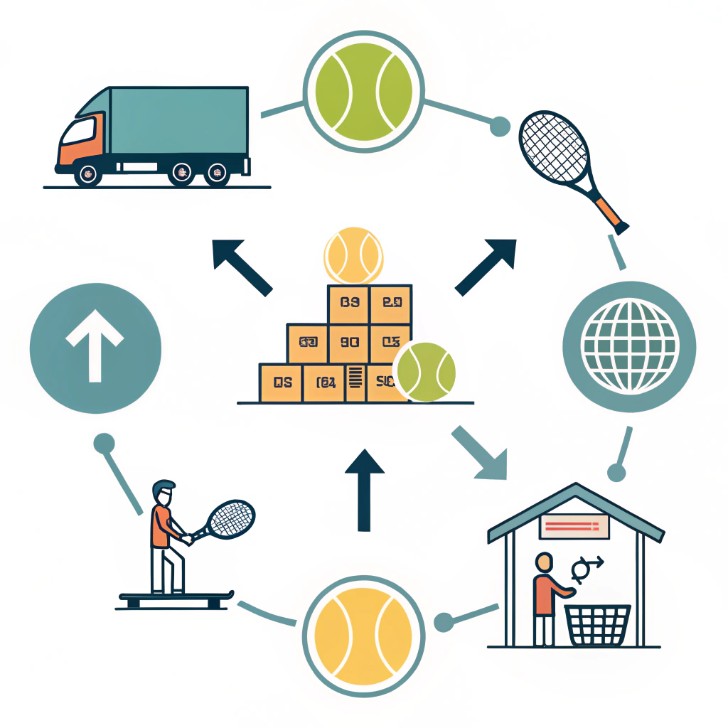 Simple illustration showing padel balls with logistics and cost icons in minimal style.
